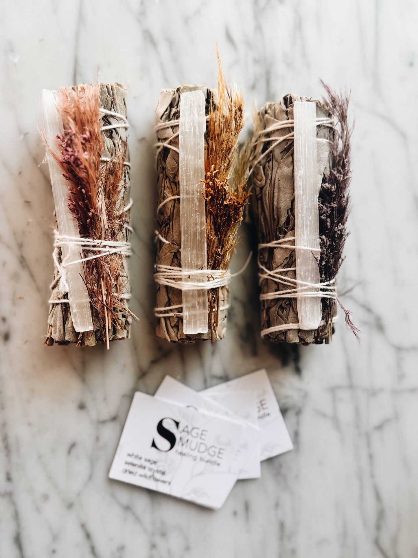 Healing Smudge bundle, with sage, selenite, and wildflowers