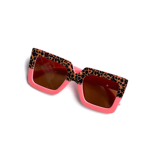Kids Sunglasses Retro Square Two Tone Animal Print Dark Pink