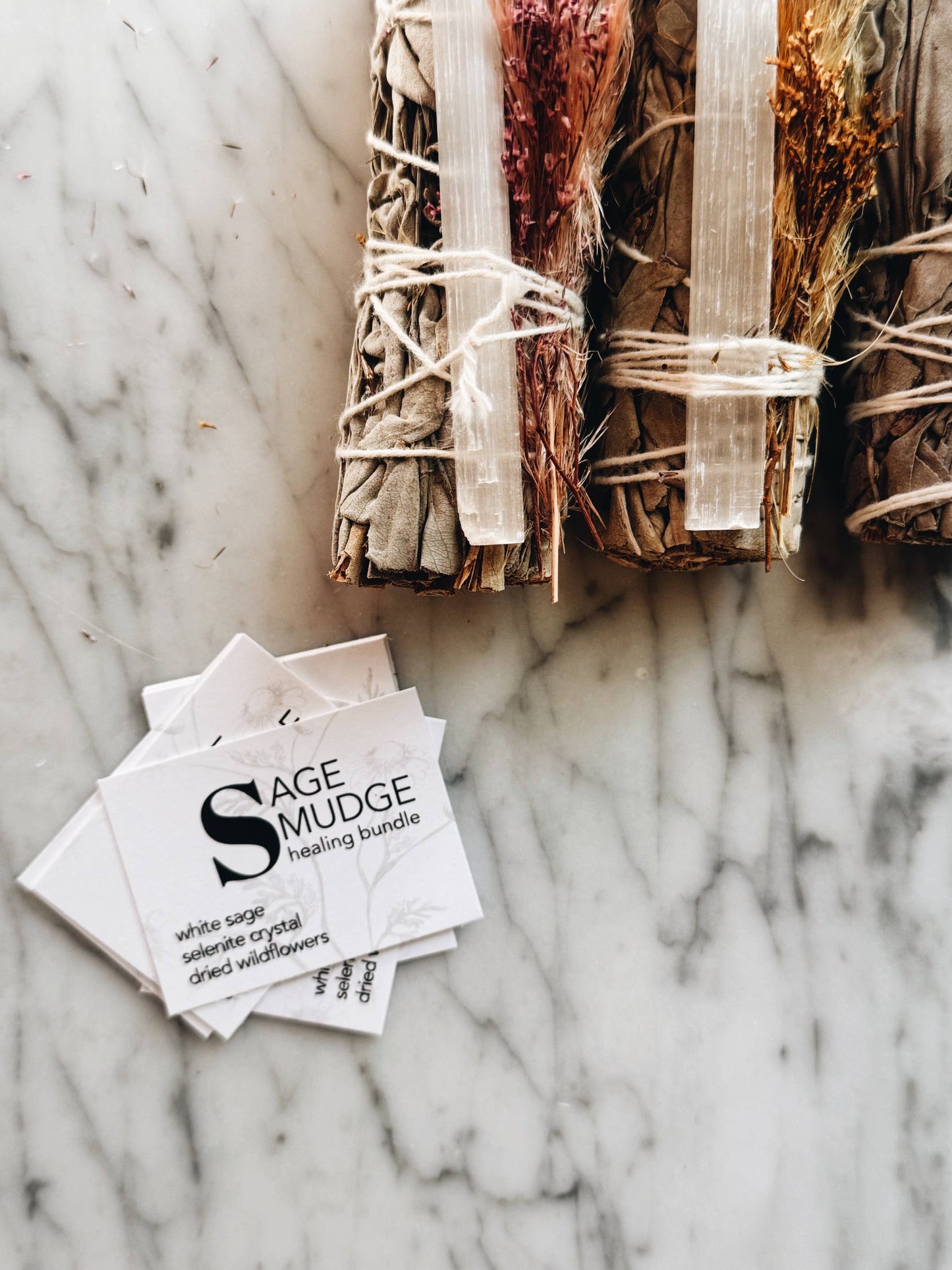 Healing Smudge bundle, with sage, selenite, and wildflowers