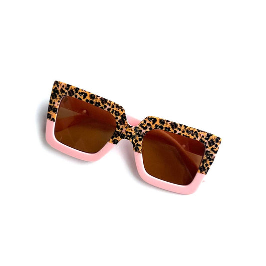 Kids Sunglasses Retro Square Two Tone Animal Print Pink