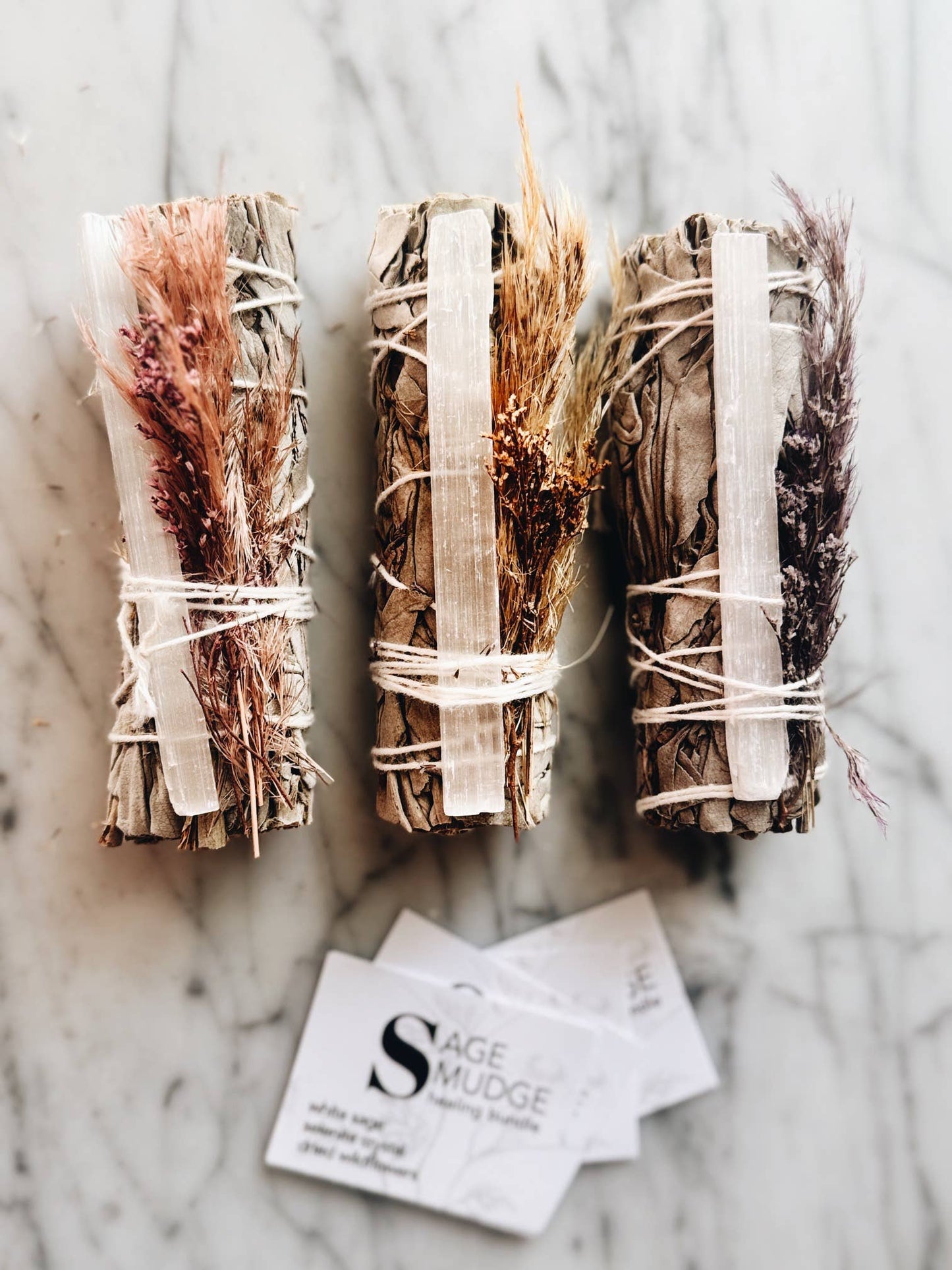 Healing Smudge bundle, with sage, selenite, and wildflowers