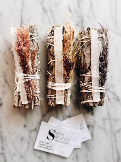 Healing Smudge bundle, with sage, selenite, and wildflowers